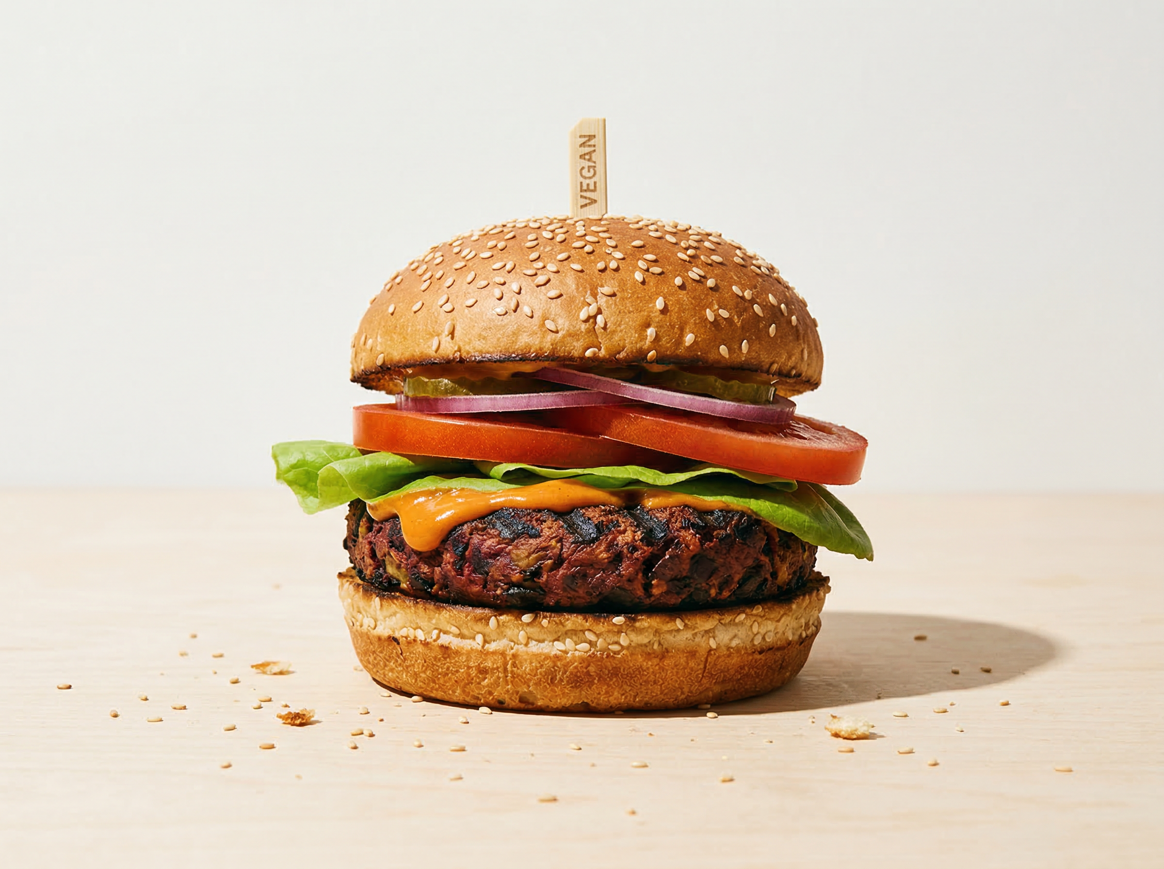 Vegan burger at true eye level aligned with bun equator, toasted sesame bun golden-brown, black bean patty with visible char marks, lettuce and tomato and special sauce extending past bun edges