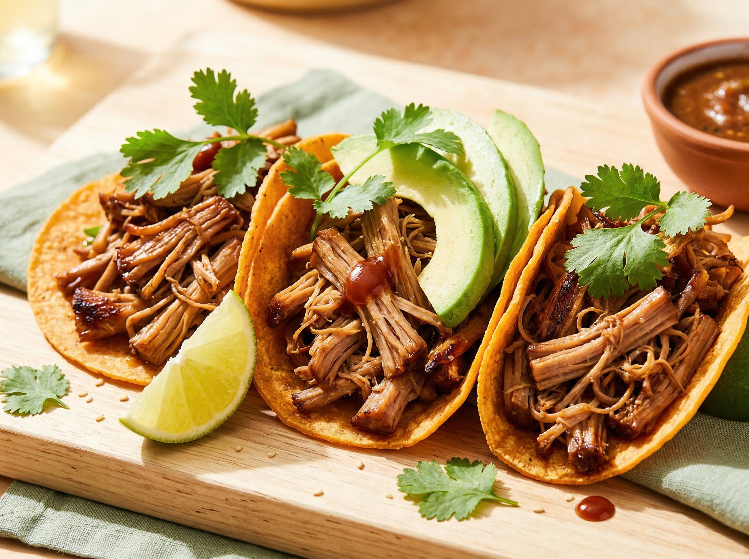 Jackfruit tacos at 45 degrees with loose shredded jackfruit filling caramelized at the fiber edges piled high above the tortilla rim, avocado slice and cilantro sprigs extending above the filling line