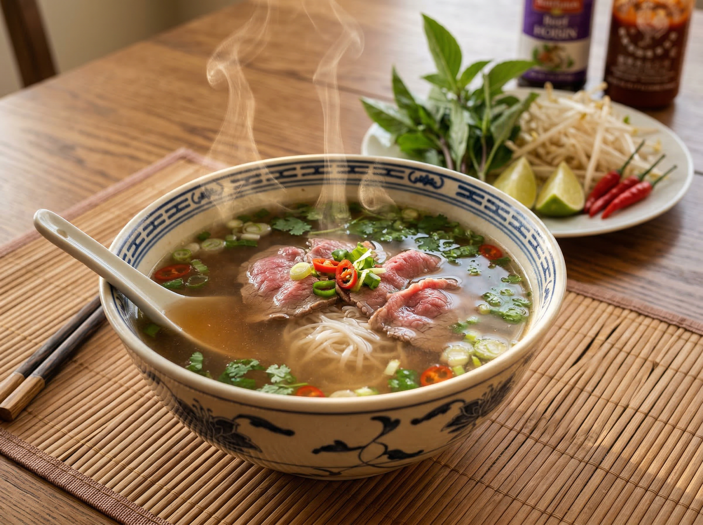 Pho bowl at strict eye level with thin directional steam wisps catching backlight, amber broth visible beneath, rare beef slices mid-curl, herb plate with basil sprigs tall at back in soft focus