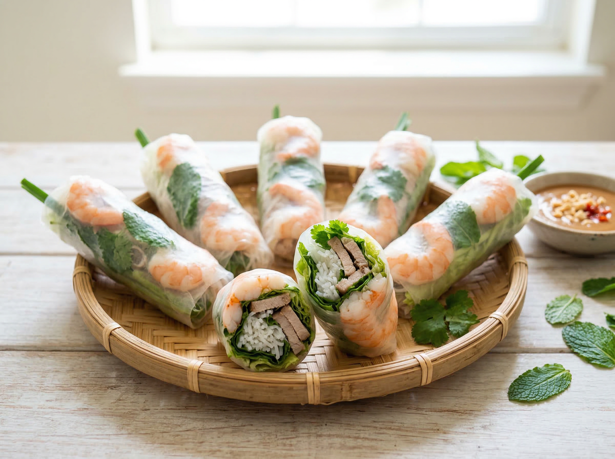 Goi cuon fresh spring rolls cut cross-section at 45 degrees with cool backlight passing through translucent rice paper revealing shrimp pink, mint green, and vermicelli inside
