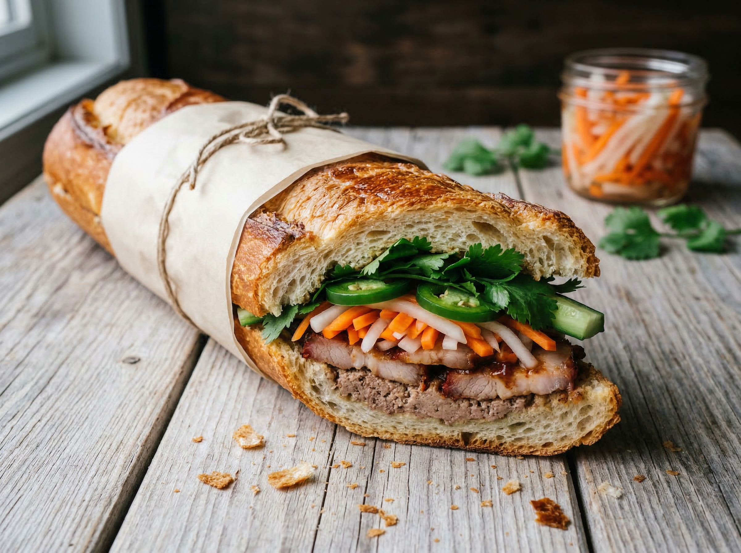 Banh mi on parchment paper at 45 degrees, bias-cut face toward camera revealing pate layer, char siu pork, pickled carrot and daikon, jalapeño slices, and cilantro sprigs in the interior