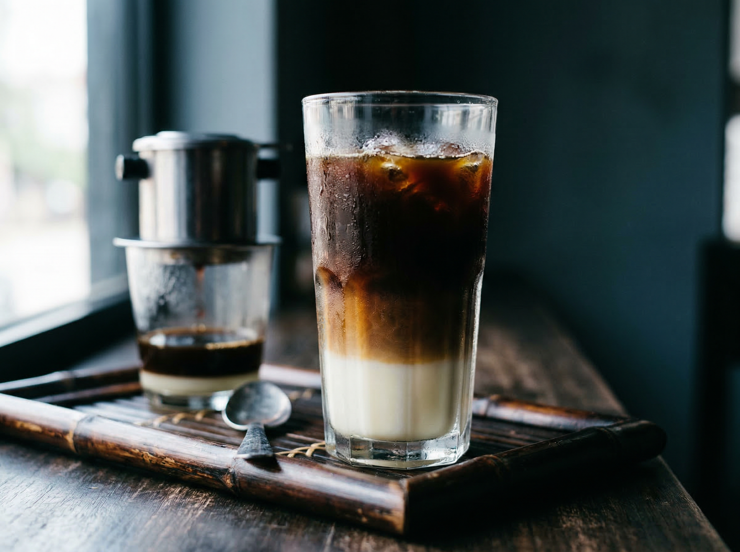 Vietnamese iced coffee ca phe in a tall glass at eye level showing condensed milk layer at base and dark coffee floating above, phin filter dripping on small tray beside the glass, photographed within 60 seconds of pouring